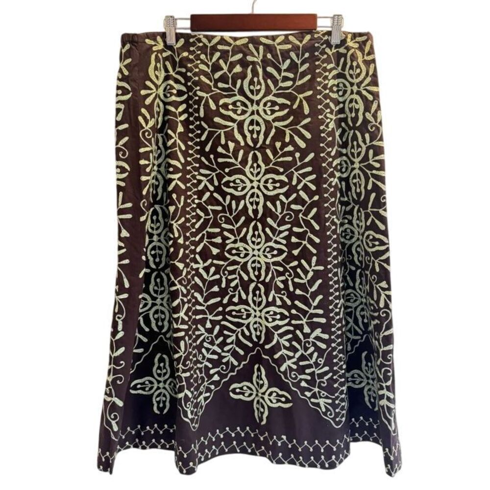 Vintage Maxi Skirt 14 Brown Green Embroidered Floral‎ Cotton Boho Chic 90s - Picture 2 of 6